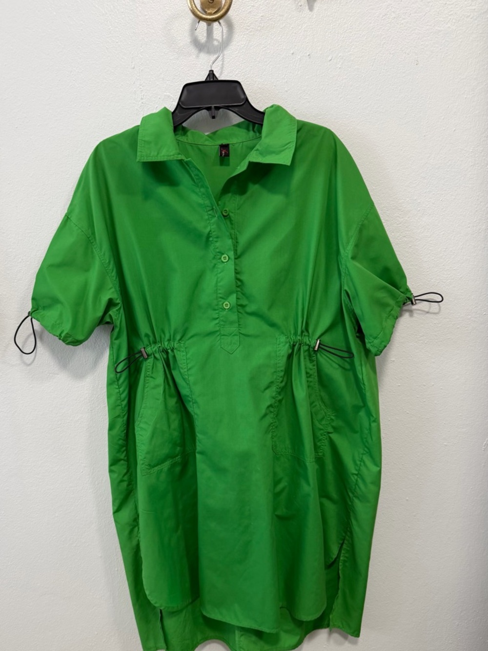 Bright Green Short Sleeve Drawstring Shirt Dress
